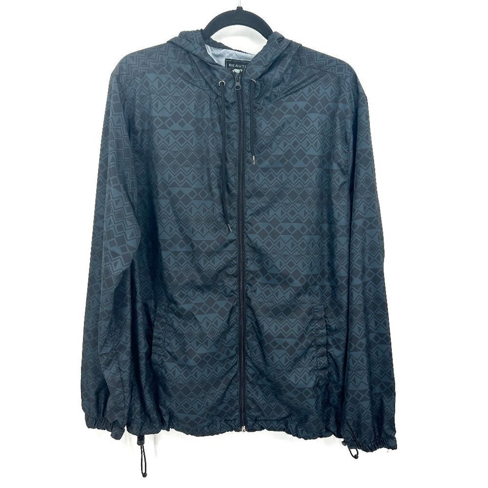 BEAUTIFUL GIANT Black Dark Blue Geometric Lightweight Windbreaker Jacket Medium